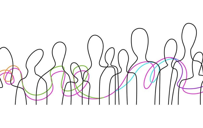 Eine durch bunte Linien verbundene Gruppe von Menschen als Illustration für Vielfalt und Gemeinschaft.